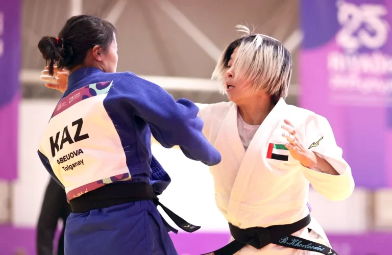 Player Bashirat Khroudi wins the UAE's first gold medal at the Islamic Solidarity Games in Riyadh in the judo competition